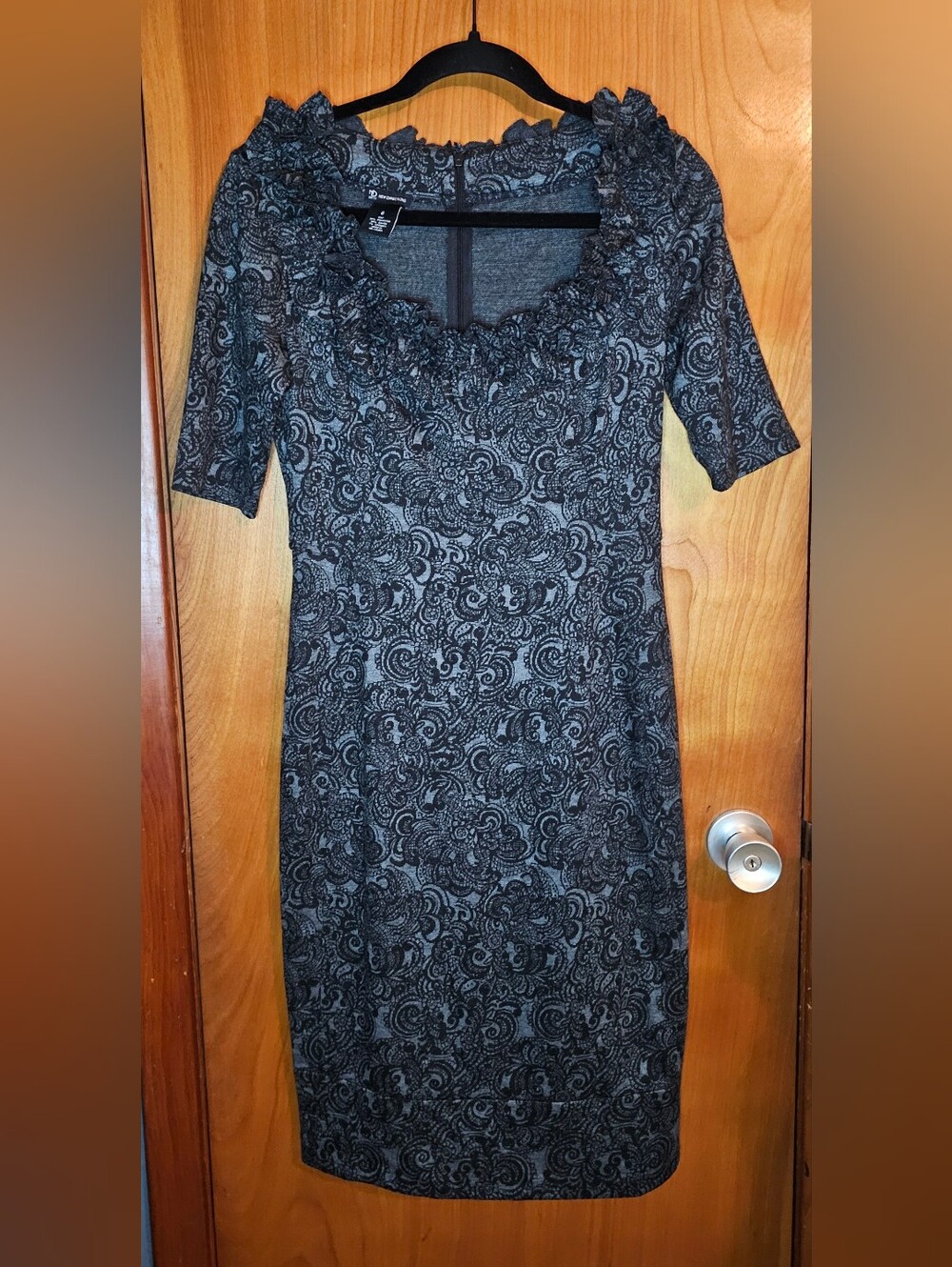 New Directions Black Gray Damask Sheath Dress Ruffle Neckline Gothic Romantic